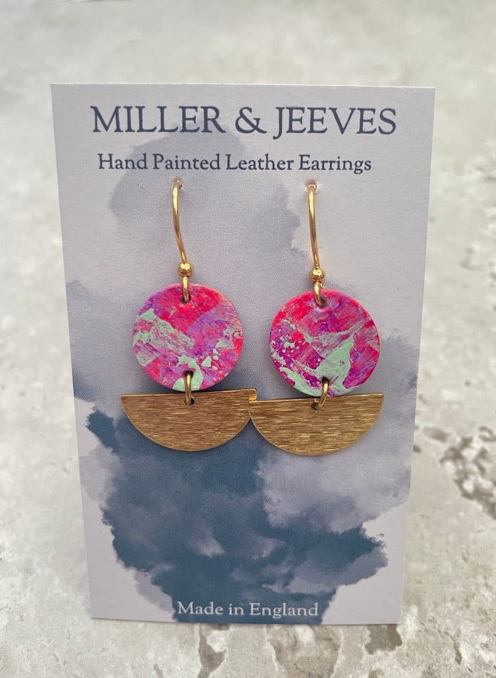 Hand Painted Neon Pink, Lilac &  Mint Earrings with Brass Half Moon