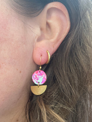 Hand Painted Neon Pink, Lilac &  Mint Earrings with Brass Half Moon