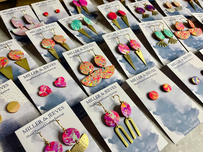 Hand Painted Neon Pink, Purple, Mint and Yellow Leather Earrings with Brass Triangle