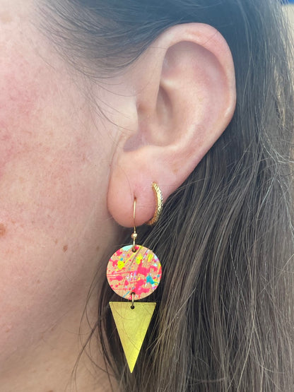 Hand Painted Neon Splatter Leather Earrings with Brass Triangle