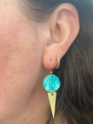 Hand Painted Aqua Earrings with Brass Triangle Charm