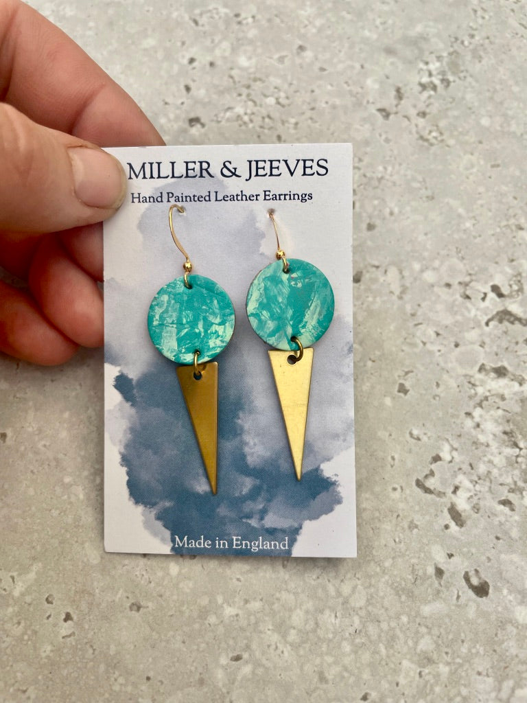 Hand Painted Aqua Earrings with Brass Triangle Charm