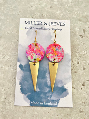 Hand Painted Neon Pink, Purple, Mint and Yellow Leather Earrings with Brass Triangle