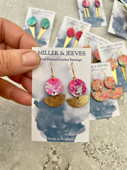Hand Painted Neon Pink, Lilac &  Mint Earrings with Brass Half Moon