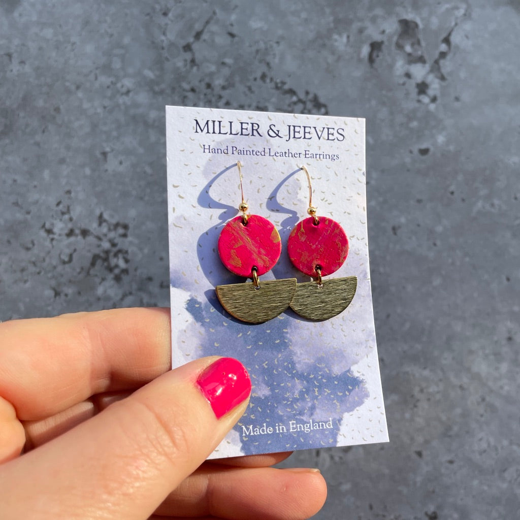 Disc and Half Moon Hand Painted Earrings with Hook Fastening -pinks/gold