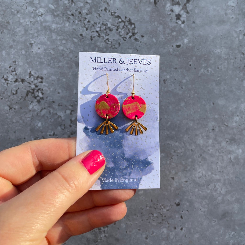 Hand Painted Disc and Sun Beam Earrings with Hook Fastening- gold/pink