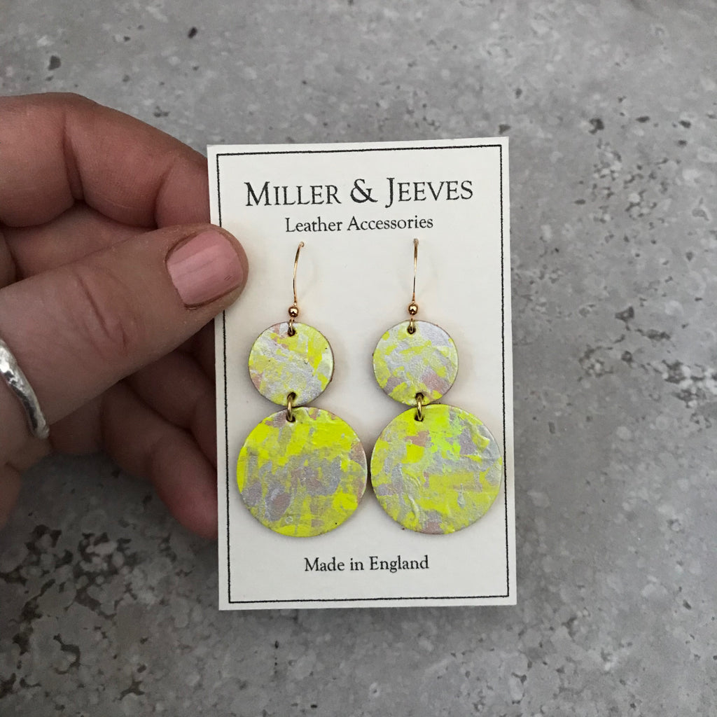 Double Disc Hand Painted Earrings- neon yellow/silver