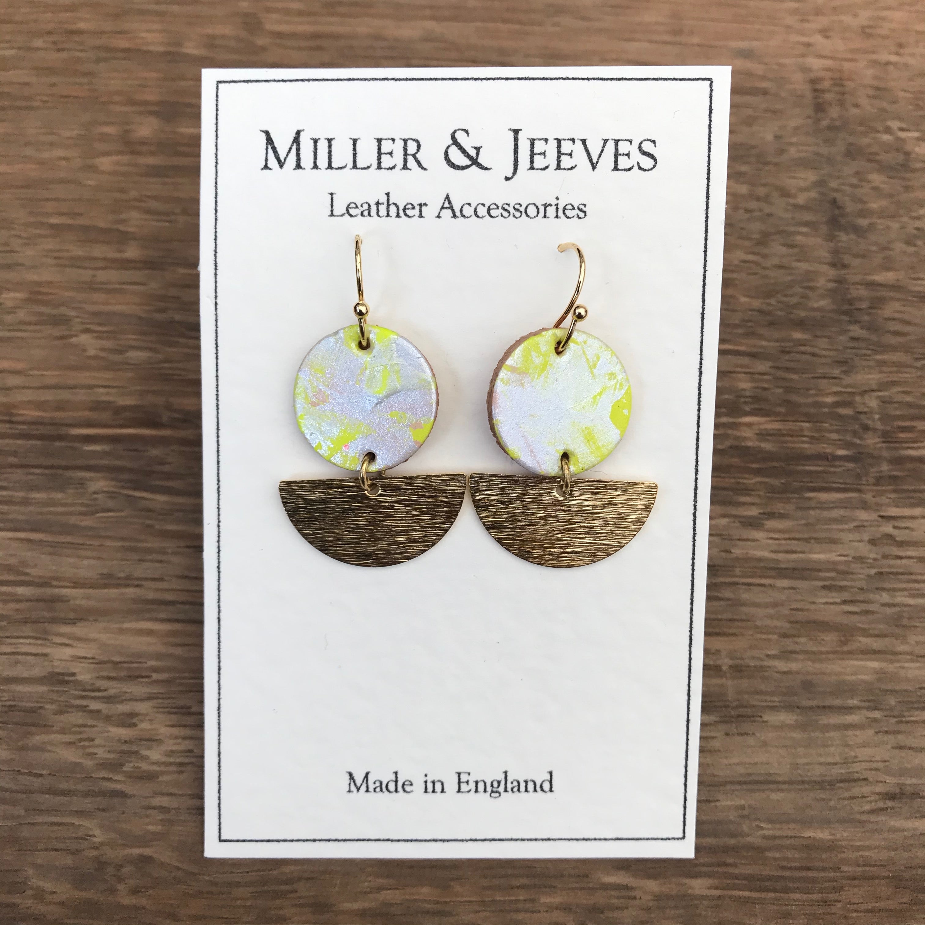 Disc and Half Moon Hand Painted Earrings with Hook Fastening- gold/neon yellow