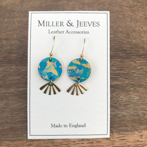 Hand Painted Leather Disc and Sun Beam Earrings with Hook Fastening- gold/blue