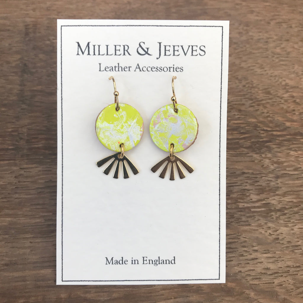 Hand Painted Leather Disc and Sun Beam Earrings with Hook Fastening- gold/neon yellow