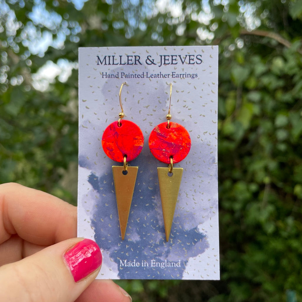 Hand Painted Leather Earrings with Brass Triangle, Hook Fastening- bright pinks/red