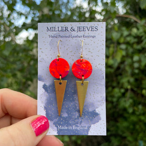 Hand Painted Leather Earrings with Brass Triangle, Hook Fastening- bright pinks/red