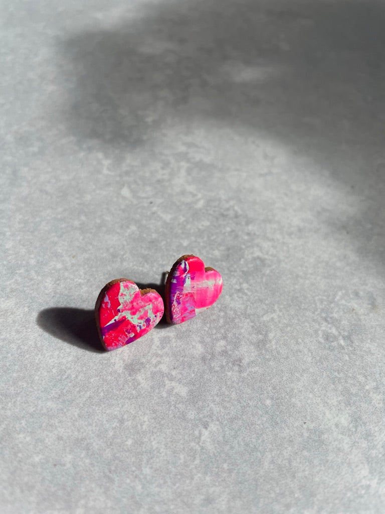 Hand Painted Leather Heart Earrings - pinks/mint