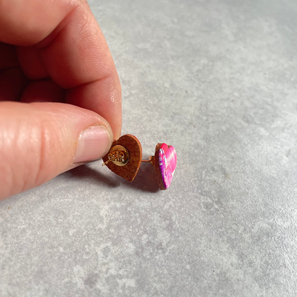 Hand Painted Leather Heart Earrings - pinks/mint
