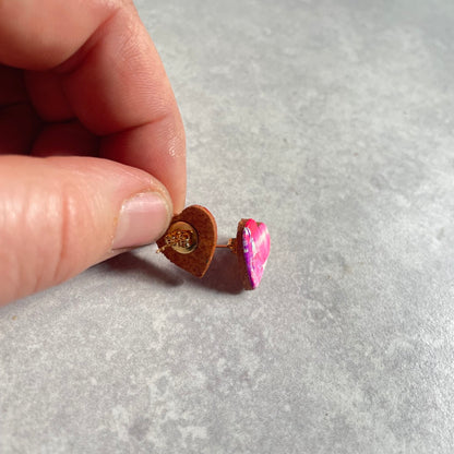 Hand Painted Leather Heart Earrings - pinks/mint