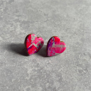 Hand Painted Leather Heart Earrings - pinks/mint