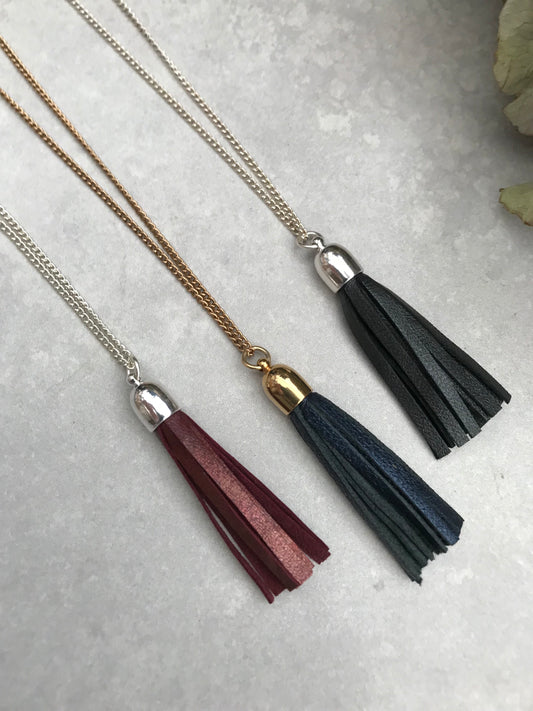 Tassel Necklace - metallic blue leather