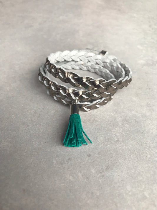Rio Triple Wrap Tassel Bracelet - pewter/green
