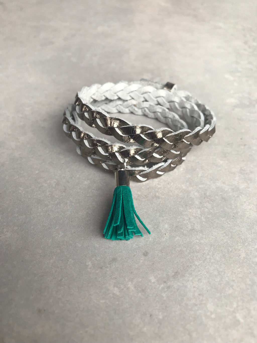 Rio Triple Wrap Tassel Bracelet - pewter/green
