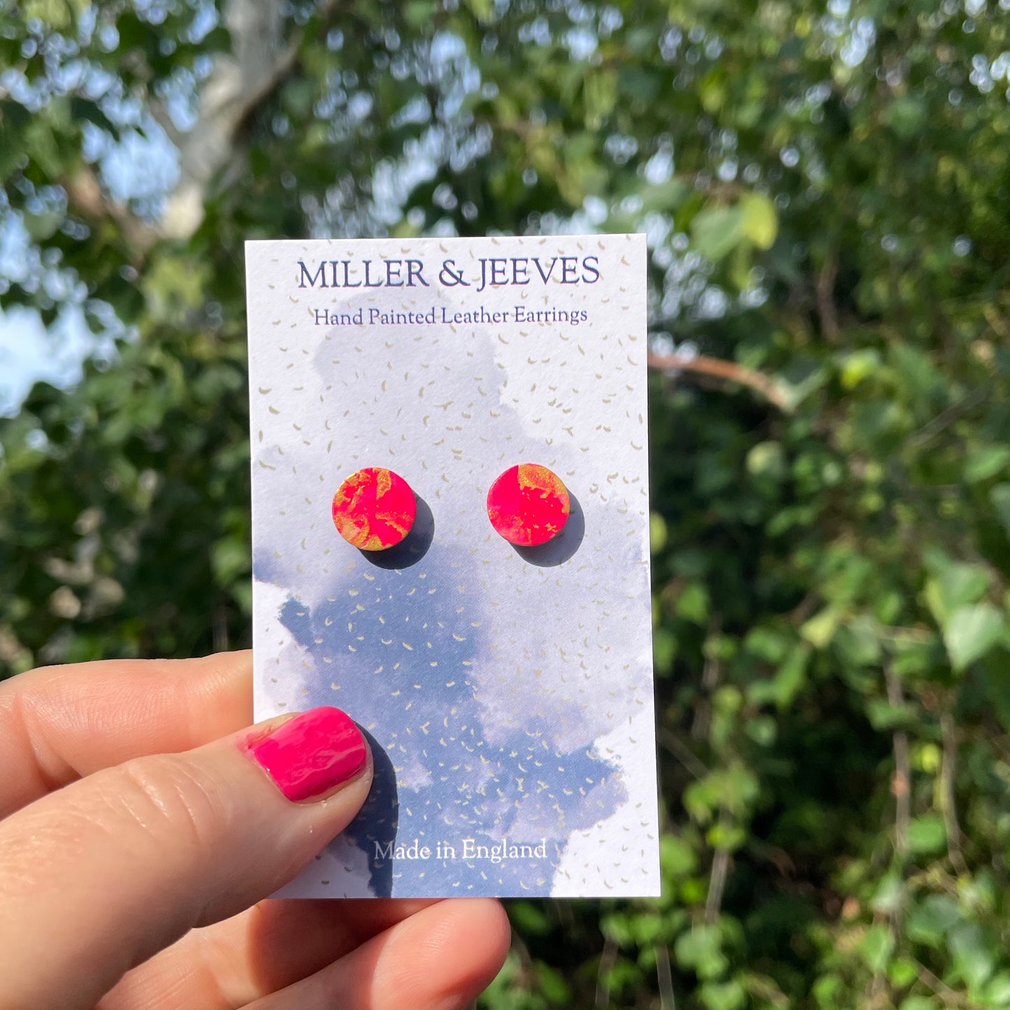 Hand-painted Leather Earrings with Stud Fastening - pink/gold