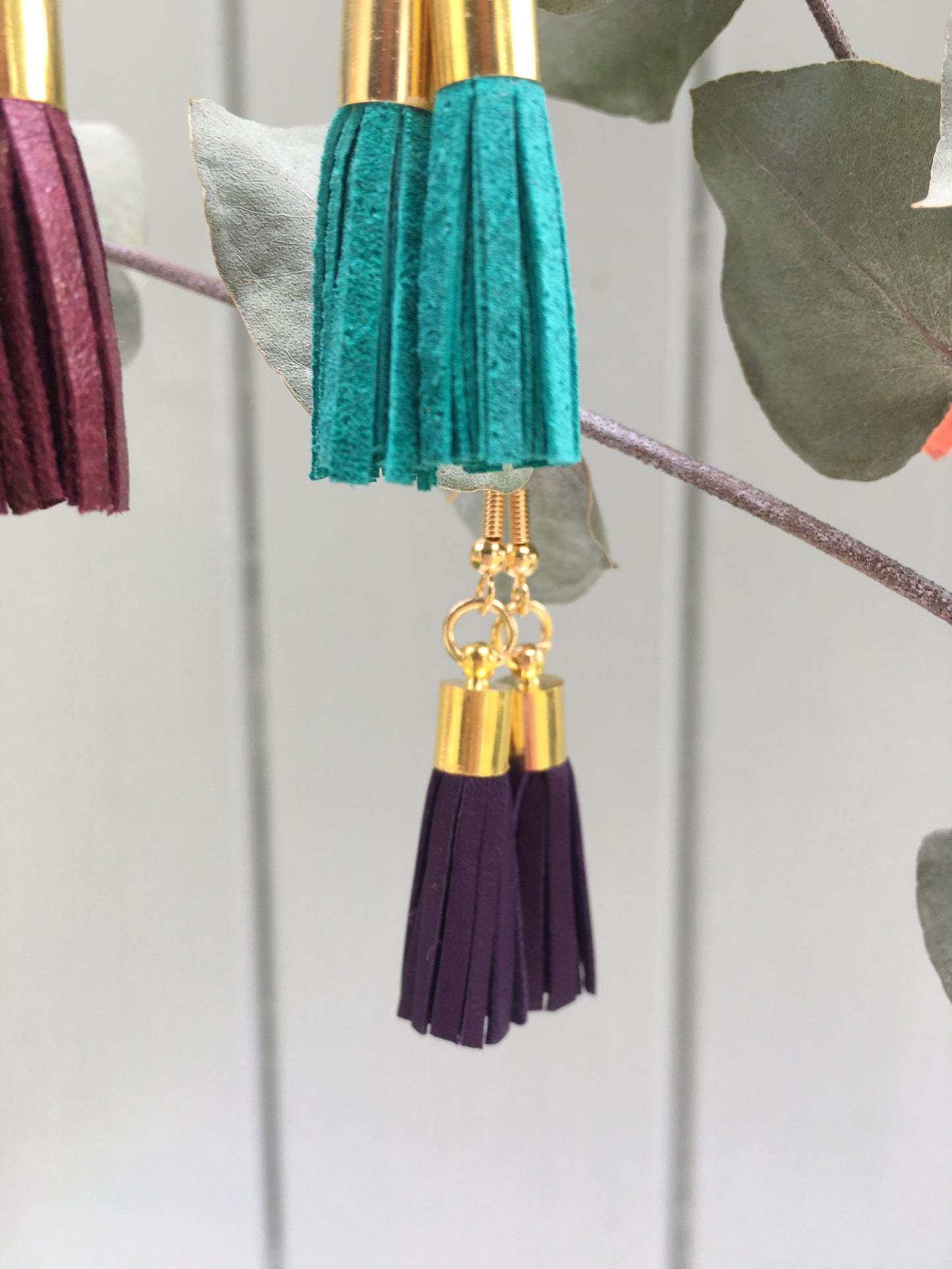 Tassel Earrings - purple leather