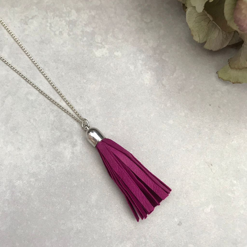 Tassel Necklace -  fuchsia leather