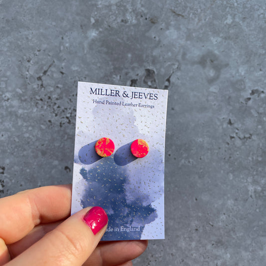 Hand-painted Leather Earrings with Stud Fastening - pink/gold