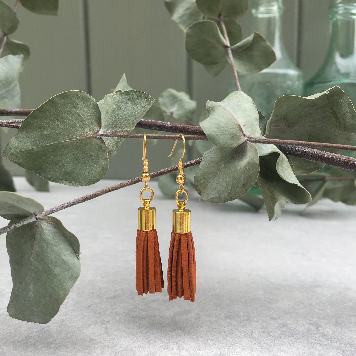 Tassel Earrings - light tan leather