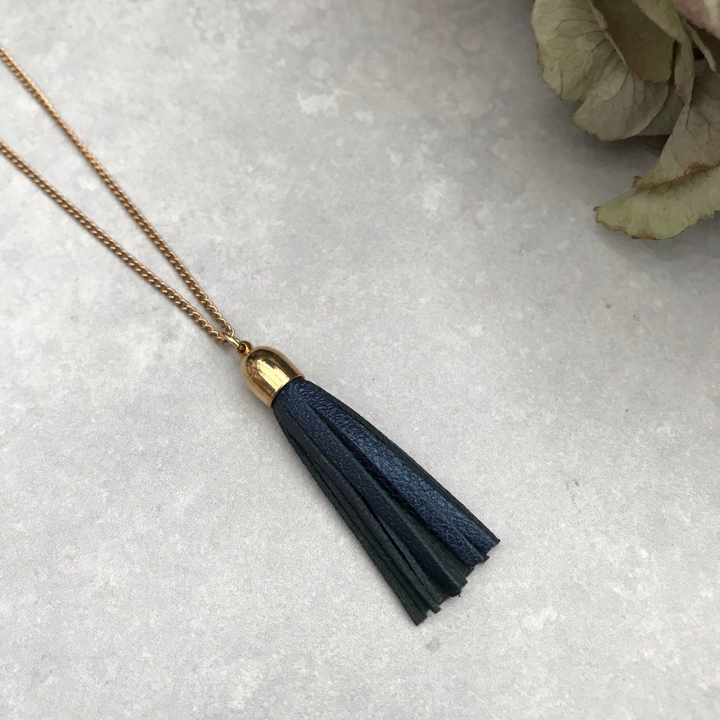 Tassel Necklace - metallic blue leather