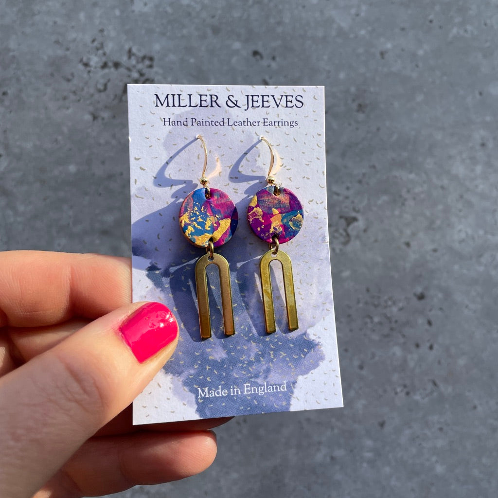 Midi Hand Painted Leather Earrings - gold/pink/purple/blue