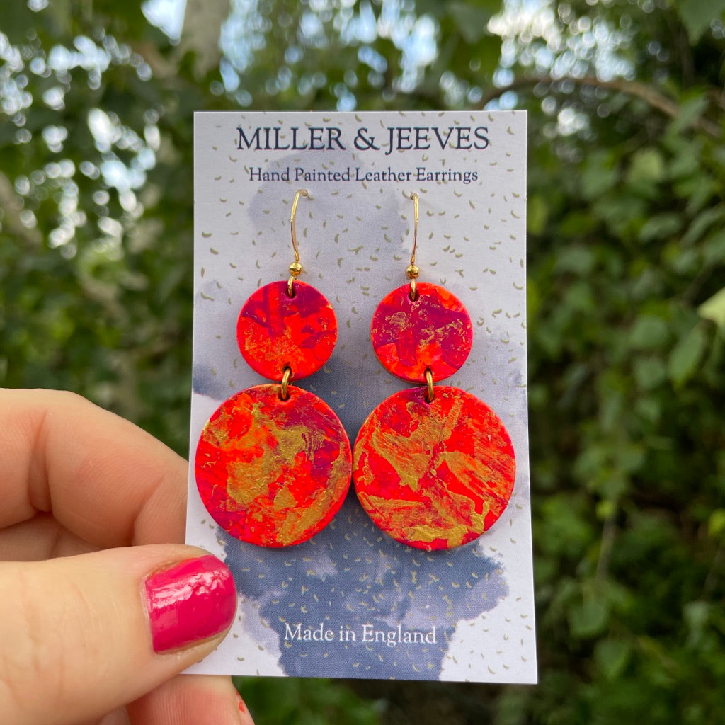 Double Disc Hand Painted Earrings with Hook Fastening - Fiery Sunset