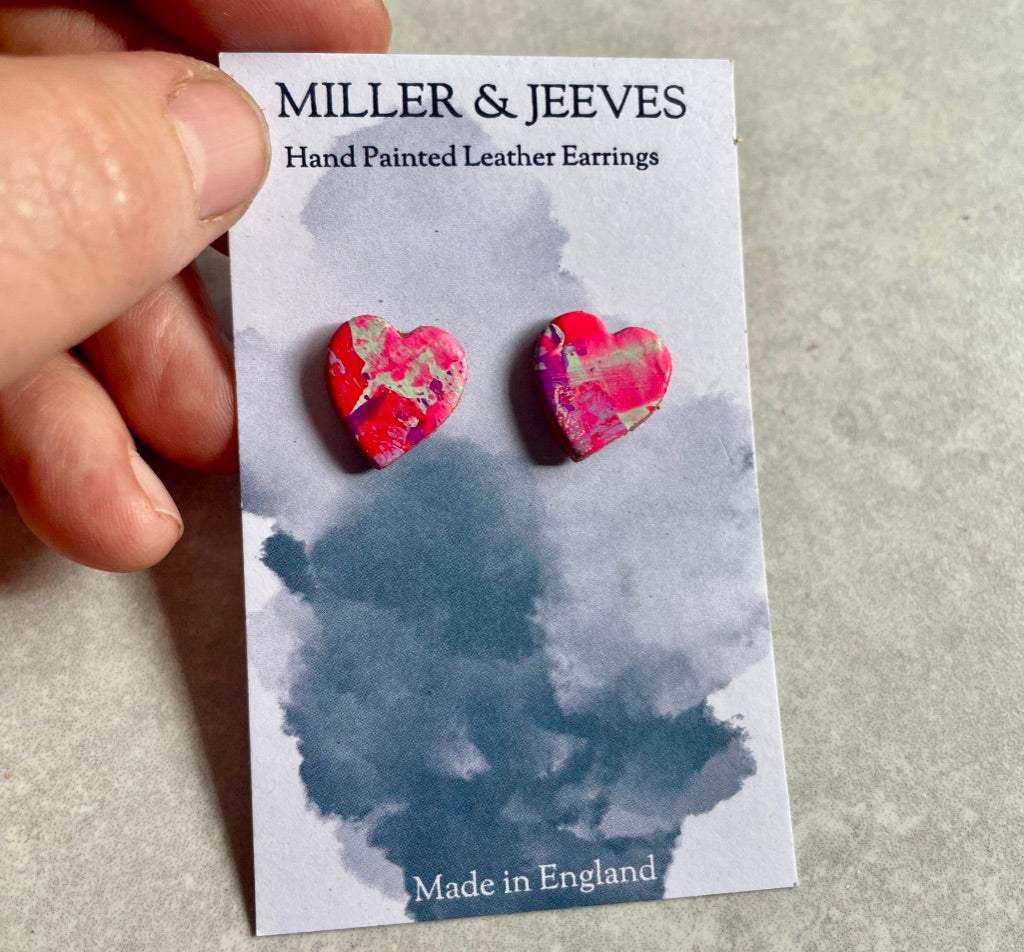 Hand Painted Leather Heart Earrings - pinks/mint